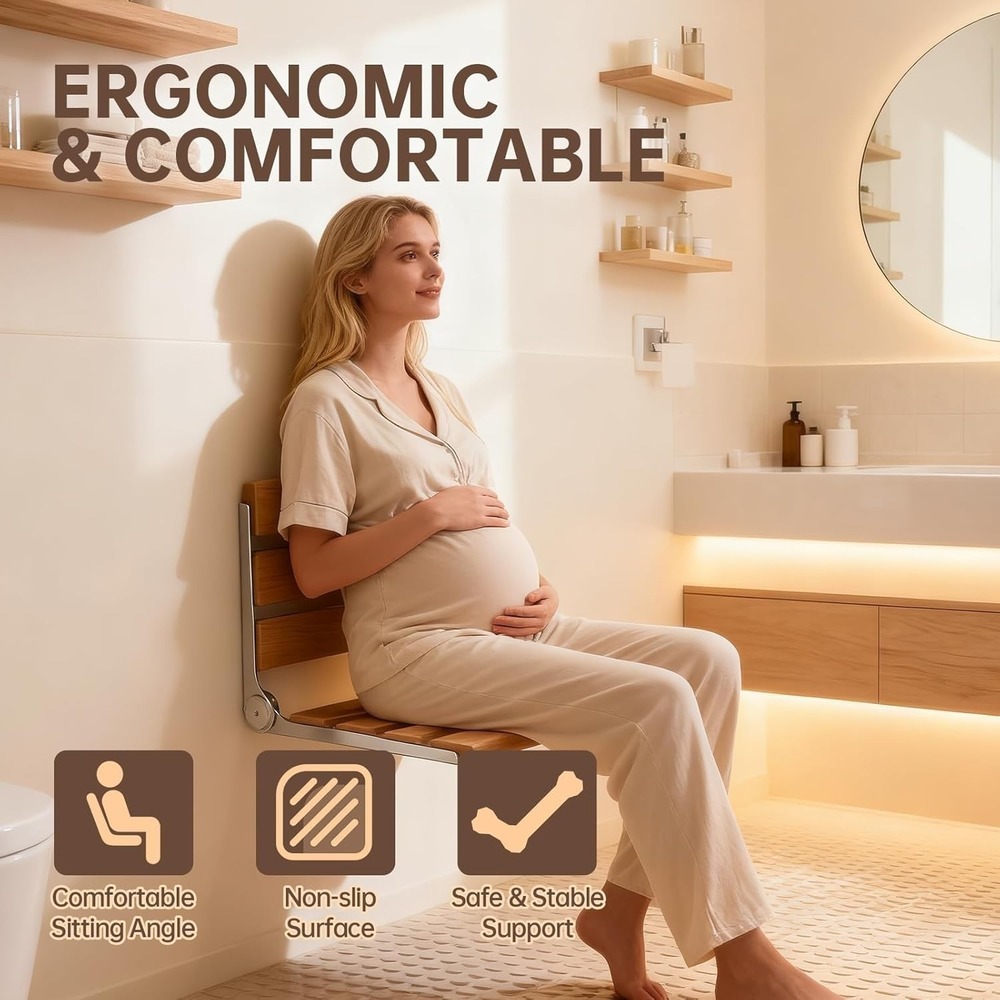 Jamini Folding Shower Seat 16in Beech Wood Wall Mount 330lb Heavy Duty - Picture 7 of 7